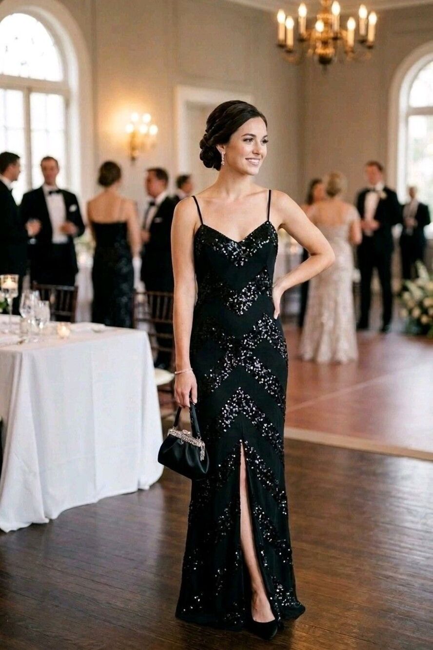 Vintage Y2K Black Silk Sequin Column Maxi Long Gown Evening Formal Slip Dress M - Picture 6 of 16